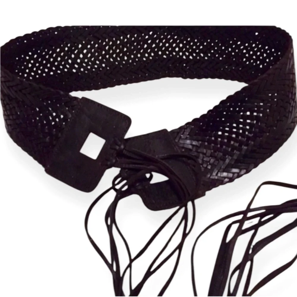 Y2K Wide Leather Woven Hip Belt W/ Fringe,‎ Black, Handmade in NYC, NEW